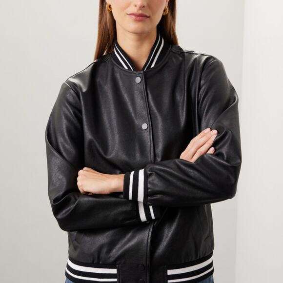 Slate & Wilson Faux Leather Varsity Jacket Black - Picture 1 of 10